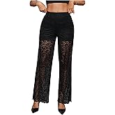 Floerns Women's Contrast Lace Sheer Pants Elastic Waist Straight Leg Elegant Trousers