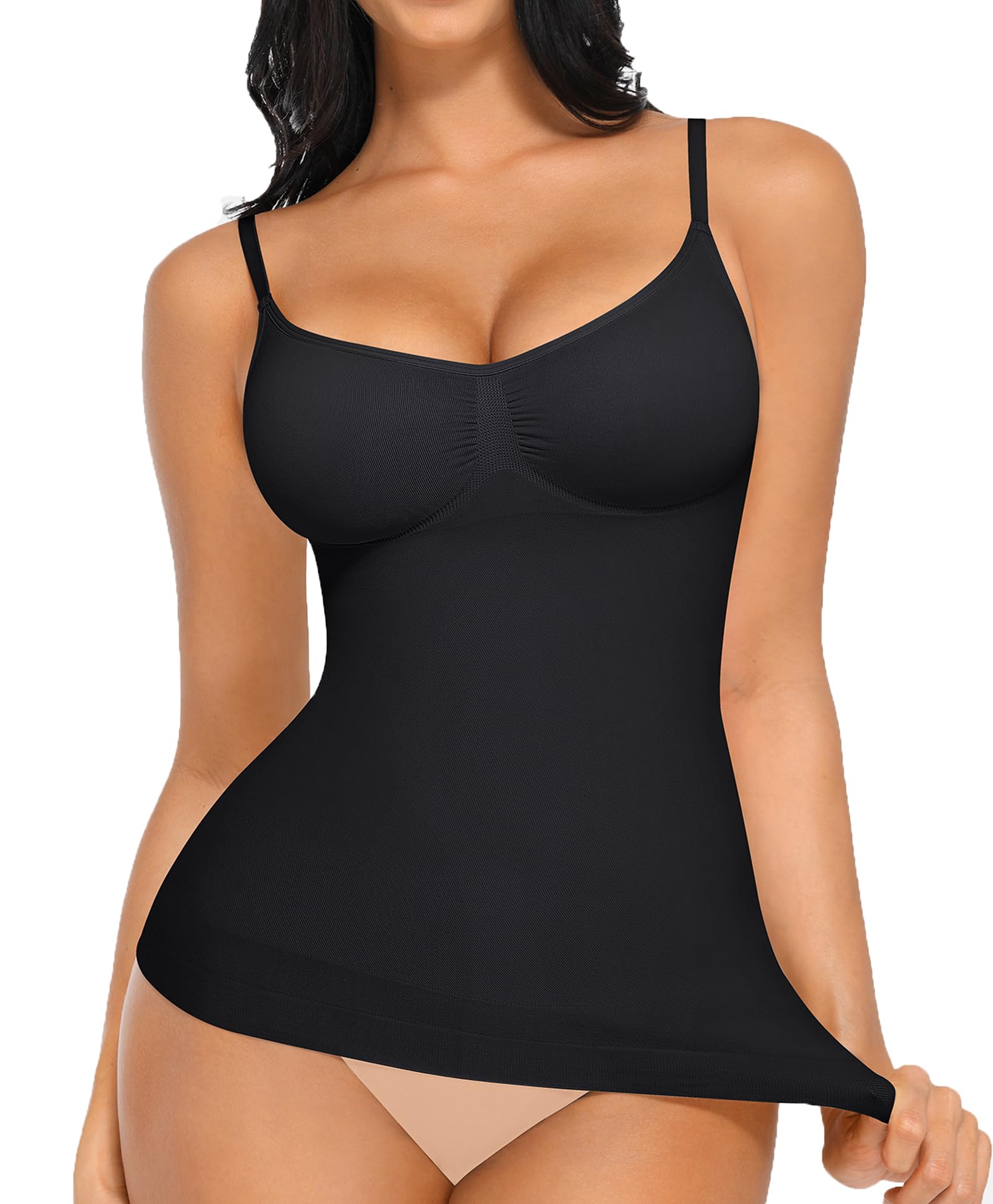 Photo 1 of FeelinGirl Shapewear Tummy Control Camisole Tops for Women Compression Tank Tops Cami Shaper with Spangetti Straps Black M