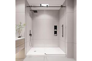 KPUY Frameless Shower Door, 55-60" W x 76" H Sliding Glass Shower Door, 1/4" (6mm) Thick Tempered Clear Glass with Explosion-Proof Film Nano Coating, Stainless Steel Hardware, Matte Black