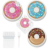 Donut Party Supplies - Assorted Donut Paper Dessert Plates, Sprinkles Beverage Napkins, and Forks (Serves 16)