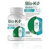 Bio K+ Extra Stress Support with Sensoril - Ashwagandha – Vegan Probiotics Supplement for Everyday Stress, Supports Sleep - 25 Billion CFU 3 Strains – 60 Capsules