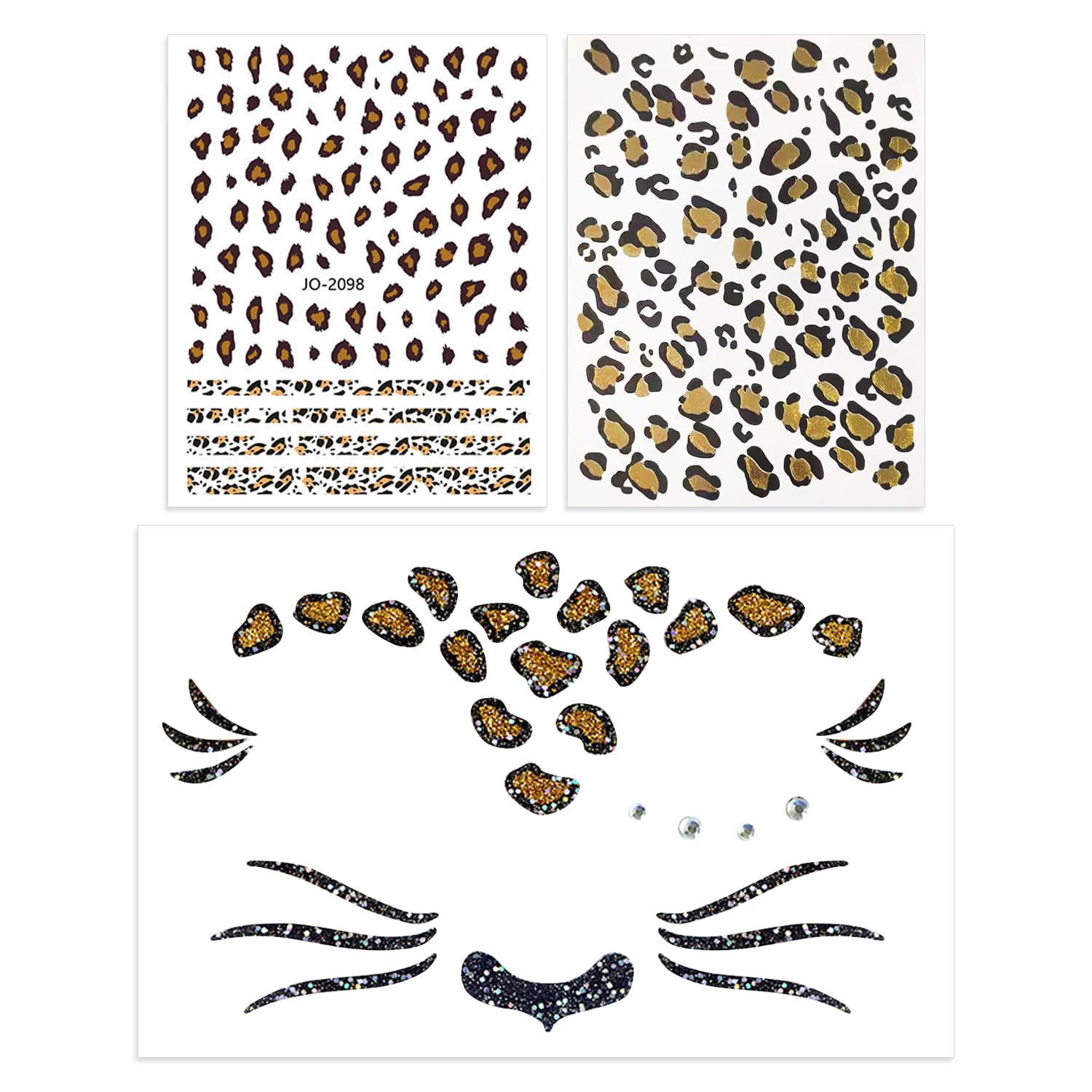 Pack of 3 Leopard Print Foil Stamping Tattoo Stickers, Face Tattoo Stickers, Leopard Print Nail Art Stickers, Makeup Stickers for Party, Carnival and Halloween