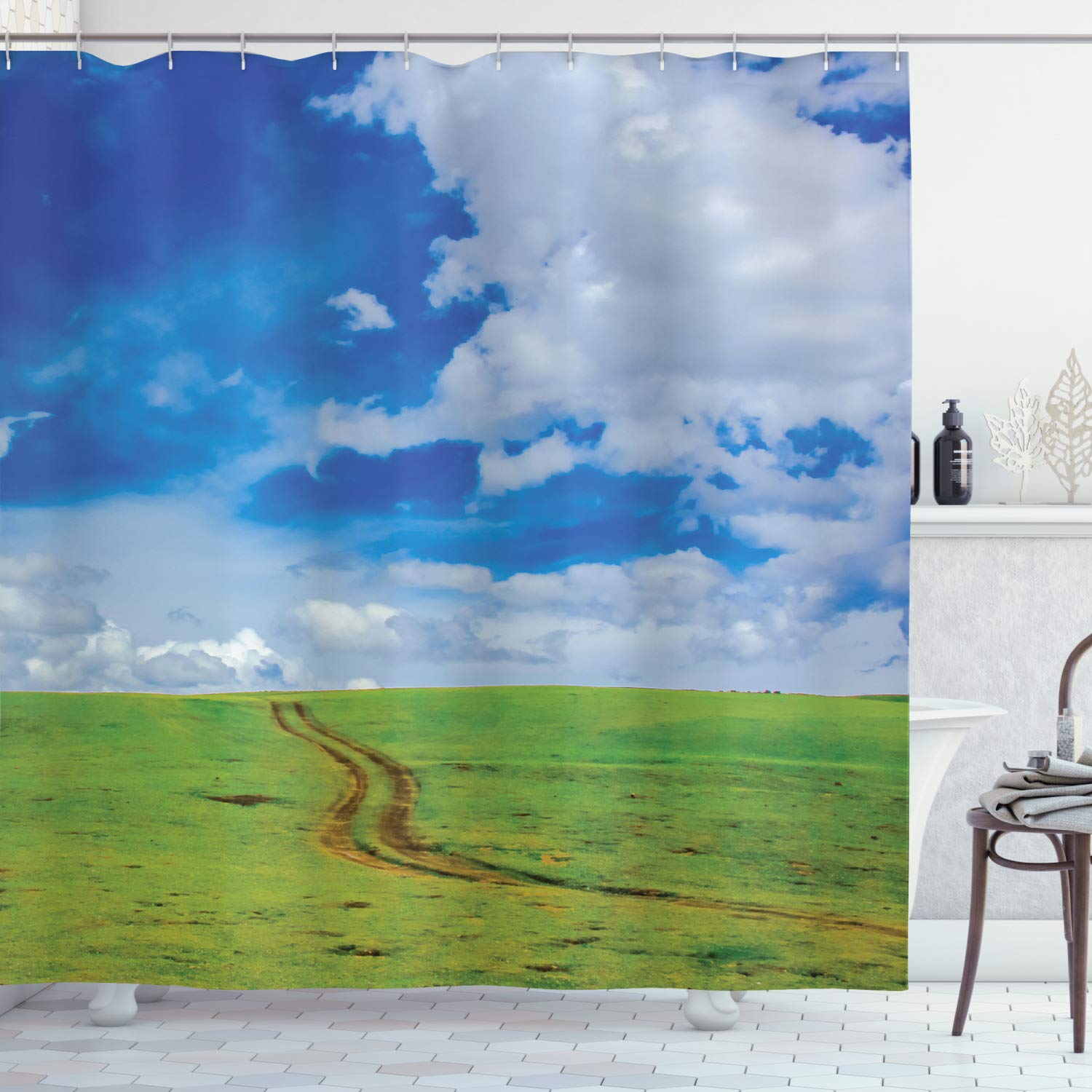 ABAKUHAUS Country Shower Curtain, Earth Path Road on Grass Field Plateau Rural Countryside View with Clouds Image Print, Cloth Fabric Bathroom Decor Set with Hooks, 78 Inches, Blue