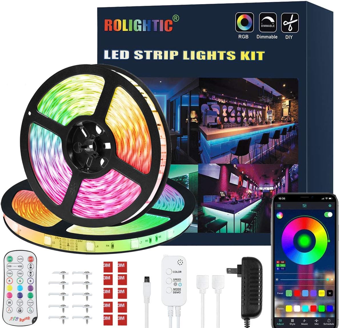 65.6FT LED Strip Lights, Ultra-Long Color Changing Light Strip with Remote, Music Sync, 600LEDs Bright RGB LED Lights, DIY Color Options Tape Lights with Power Adapter for Bedroom Ceiling Party