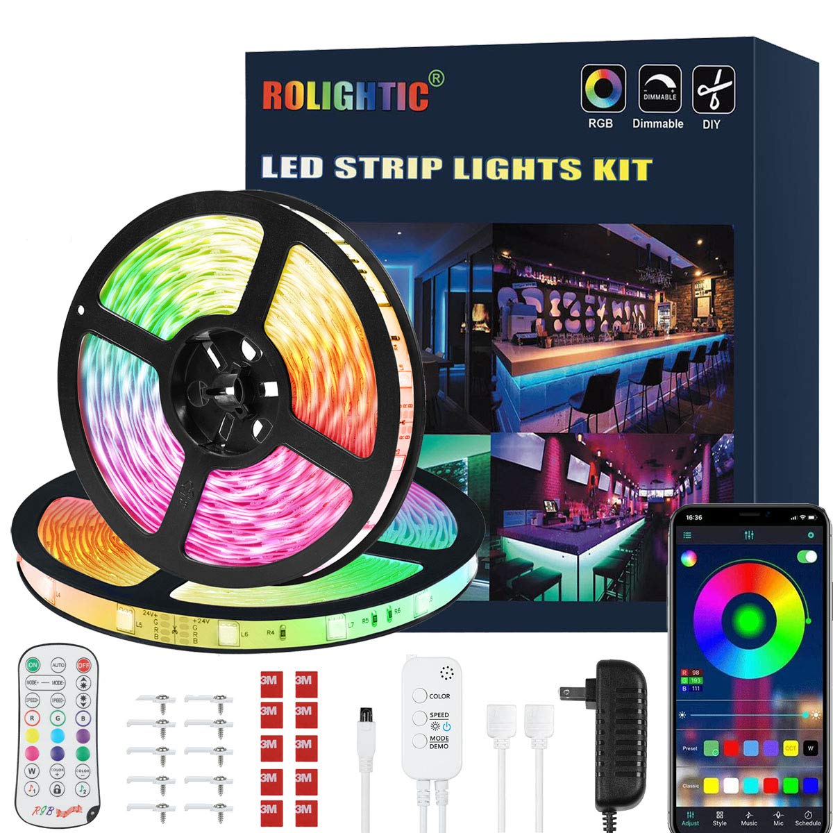 65.6FT LED Strip Lights, Ultra-Long Color Changing Light Strip with Remote, Music Sync, 600LEDs Bright RGB LED Lights, DIY Color Options Tape Lights with Power Adapter for Bedroom Ceiling Party