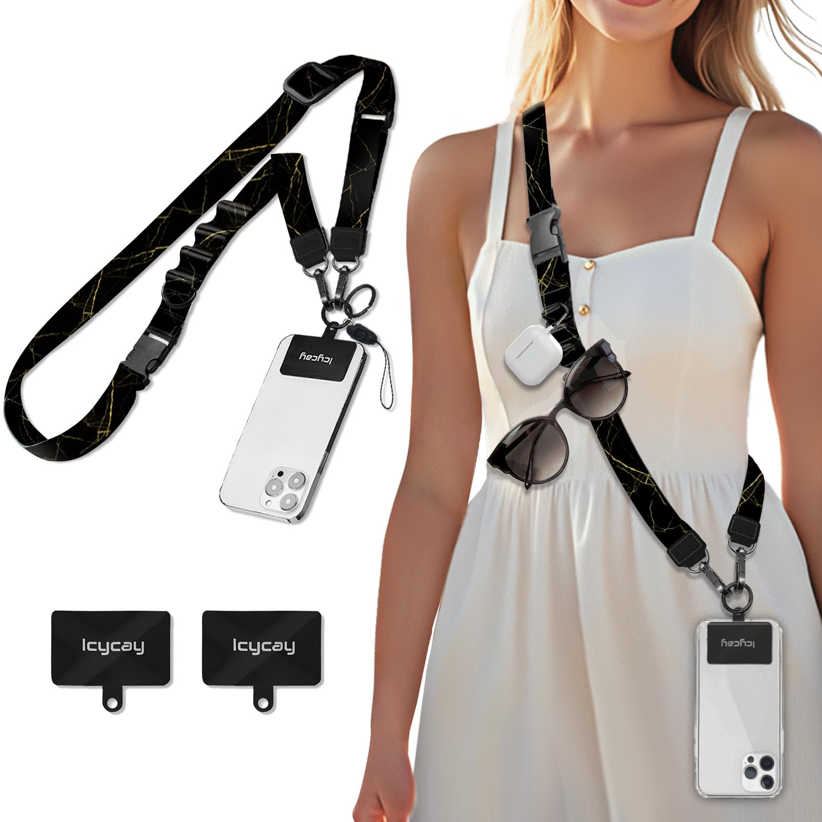 Photo 1 of Icycay Phone Lanyard Crossbody, Black Marble Cell Phone Strap for Around The Neck Adjustable, Anti Theft Cute Lanyard for iPhone Case ID Holder Keys Accessories Travel Essential