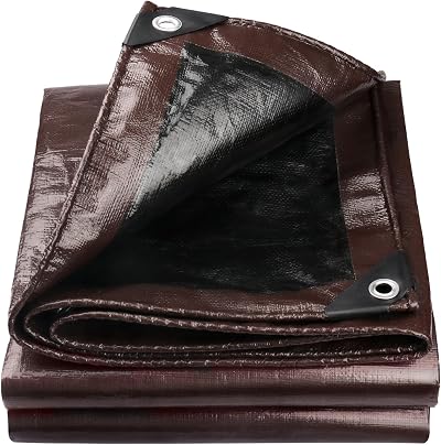 Onarway Tarpaulin 6m x 10m 150GSM Waterproof Ground Sheet Heavy Duty Brown/Black