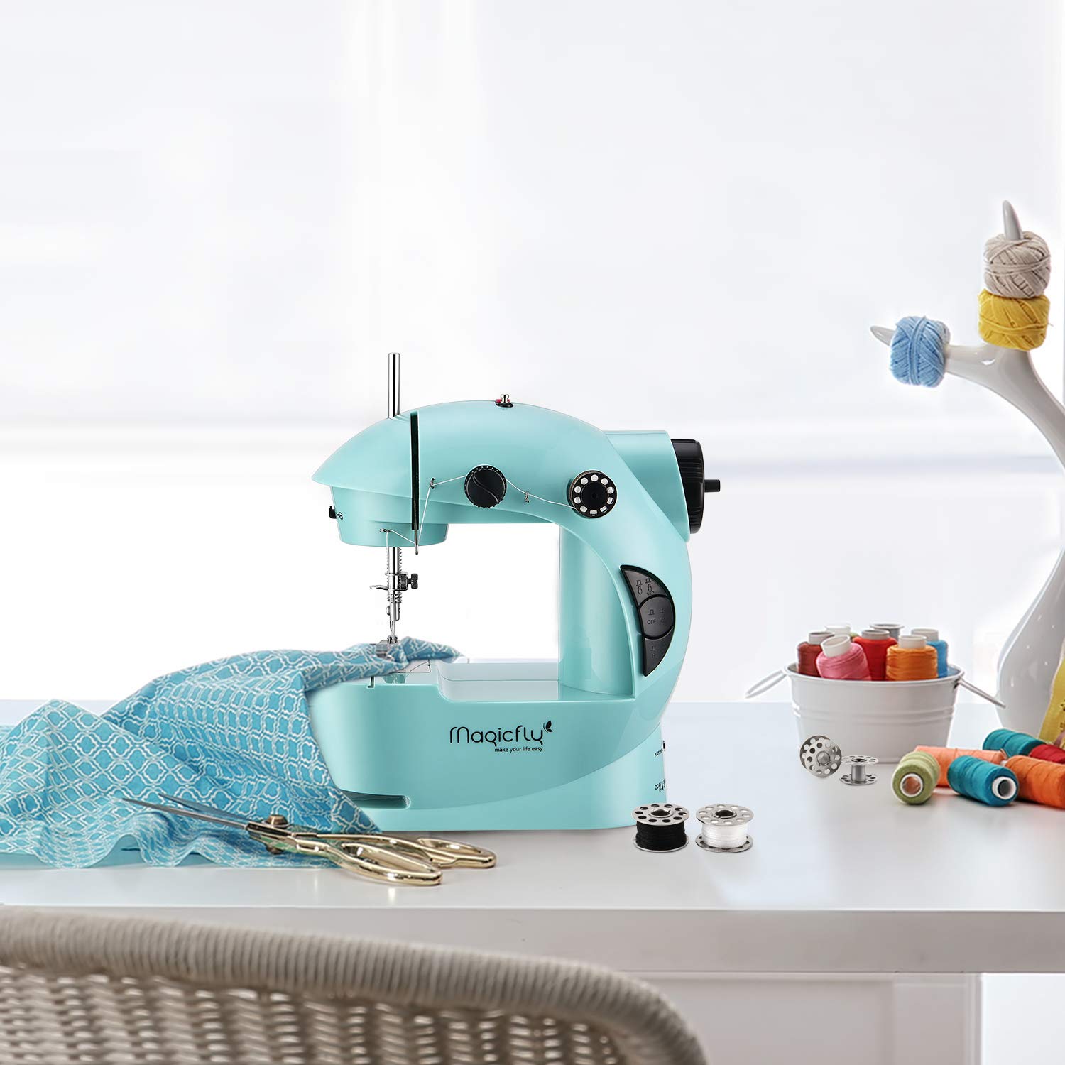 Magicfly Mini Sewing Machine with Extension Table, Dual Speed Portable Sewing Machine for Beginner with Light, Sewing Kit for Kids, Household, Blue