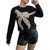 WDIRARA Women's Leopard Bow Sweaters Crew Neck Long Sleeve Pullover Knit Tops