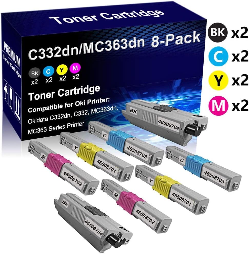 8-Pack (2BK+2C+2Y+2M) Compatible High Yield C332 / MC363 (46508704 46508703 46508701 46508702) Laser Printer Cartridge use for Oki C332dn C332 MC363dn MC363 Series Printer