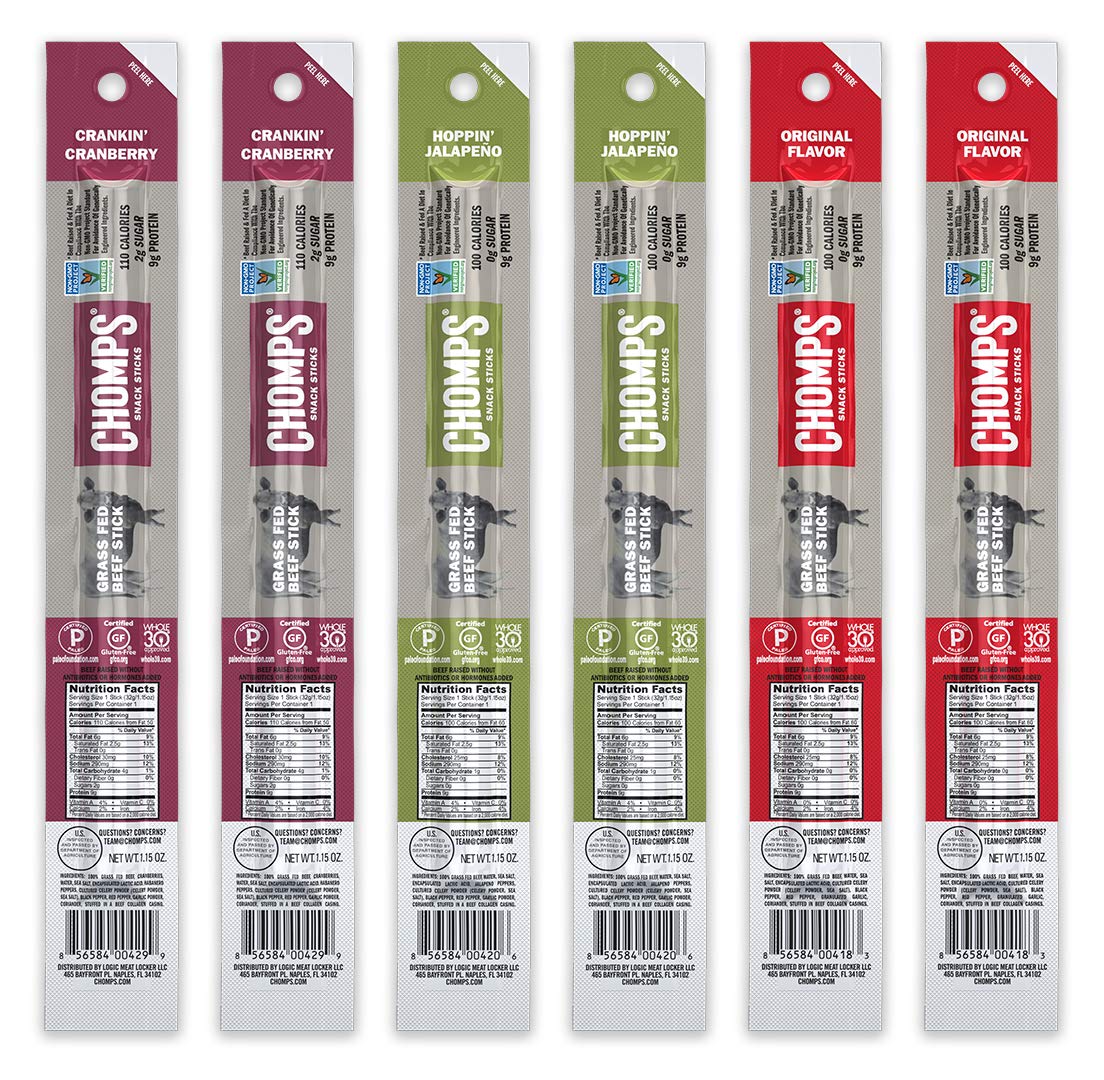 Amazon Com Chomps Grass Fed Beef Jerky Snack Sticks Variety Pack Of 6 Original Jalapeno Cranberry Habanero Beef Whole30 Keto Paleo Approved Non Gmo Gluten Free Grocery Gourmet
