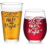 Futtumy 25th Anniversary Glass Gifts Set, 25 Years of Being Mr Right & Mrs Always Right 17oz Wine 15oz Beer Glass, 25th Wedding Anniversary for Wife Husband Couple Parents Grandparents Friends