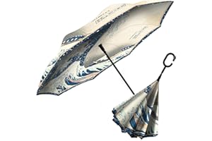 RainCaper Reverse Inverted (inside-out) Windproof Fine Art Hokusai The Great Wave Reverse-opening Upside Down Umbrella with C-shaped Handsfree Handle Umbrella