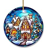 Christmas Hanging Ornament for Xmas Tree Decorations Ceramic Ornament in Stained Glass Patterns, Ceramic Keepsake for Christmas Decorations, Vintage Snow House Xmas Tree Ceramic Ornament Home Decors