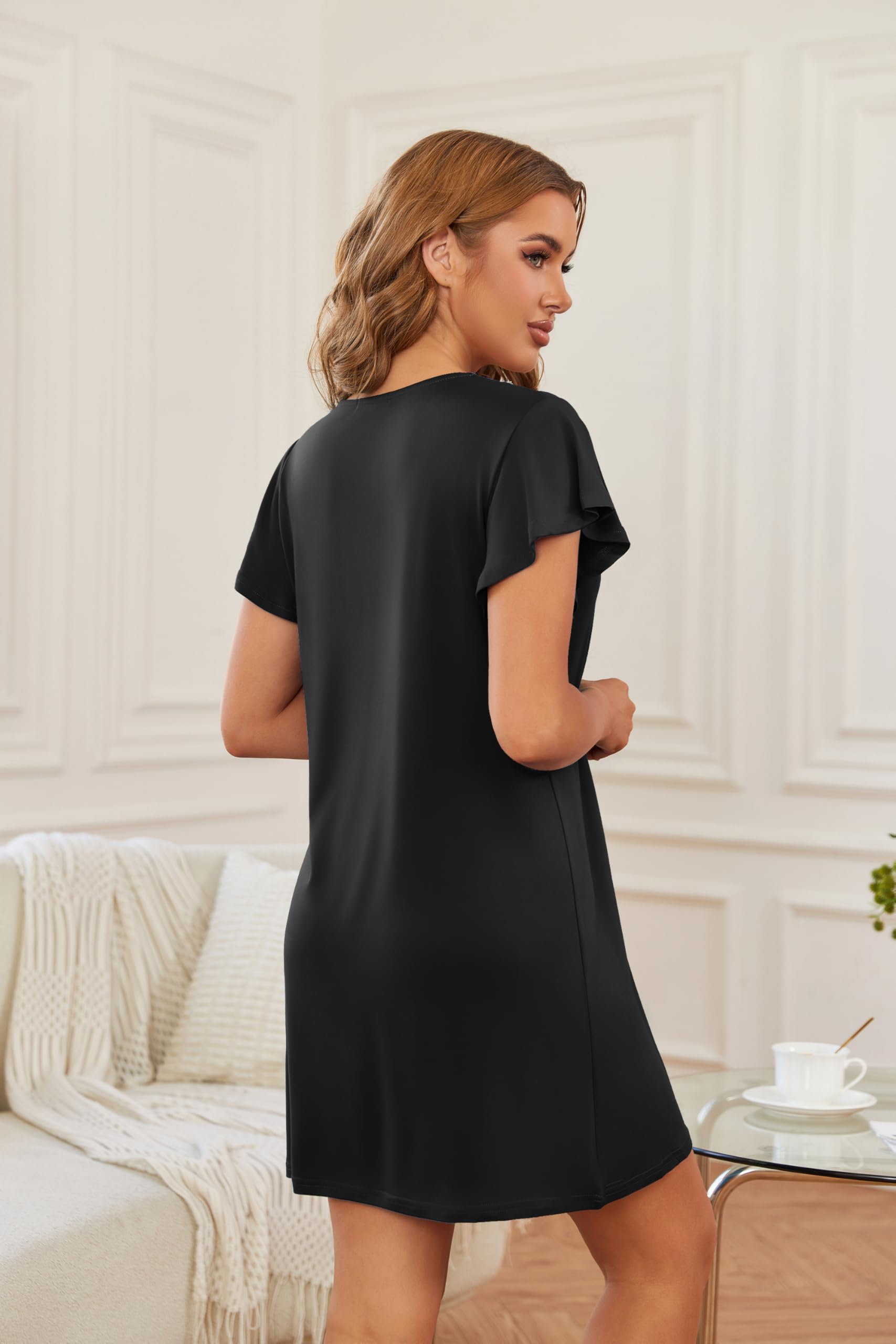 Ekouaer Nightgowns for Women Flare Short Sleeve Sleepshirt Guipure Lace V Neck Sleepwear Soft Pj Dress Night Shirt Black M