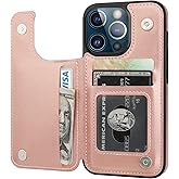 ONETOP Compatible with iPhone 13 Pro Wallet Case with Card Holder, PU Leather Kickstand Card Slots Case, Double Magnetic Clasp Durable Shockproof Cover 6.1 Inch(Rose Gold)