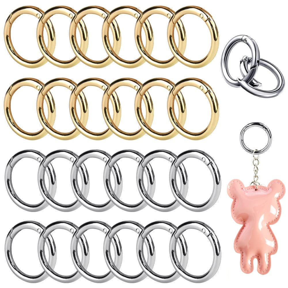 BUENTYA 24 Pcs Spring O Rings, Round Carabiner Snap Trigger Buckle Zinc Alloy Spring Round Keychain Spring Gate O Rings DIY Accessories for Bags, Purses, Keychain, Camping, Hiking(Gold & Silver)