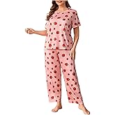 WDIRARA Women's Plus Size 2 Piece Strawberry Print Pajama Set Round Neck Short Sleeve and Pants Sleepwear