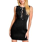 zhaistar Women's Crew Neck Bow Knot Bodycon Mini Dress Sleeveless Ribbed Knit Cocktail Party Club Short Dresses
