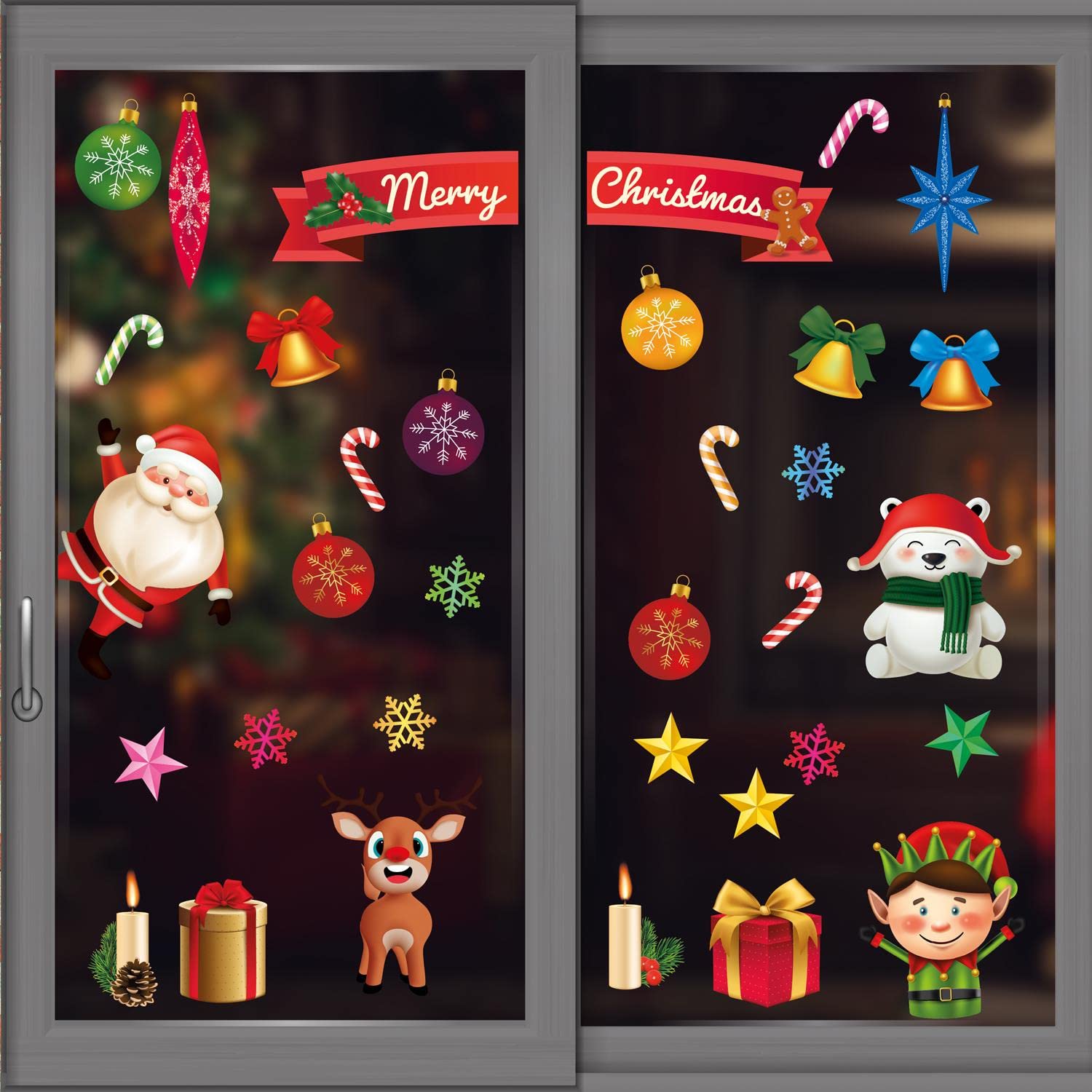 WALPLUS Christmas Window Stickers - Reusable Double-Sided Xmas Window Clings, Removable Holiday Decorations, 59 Pieces