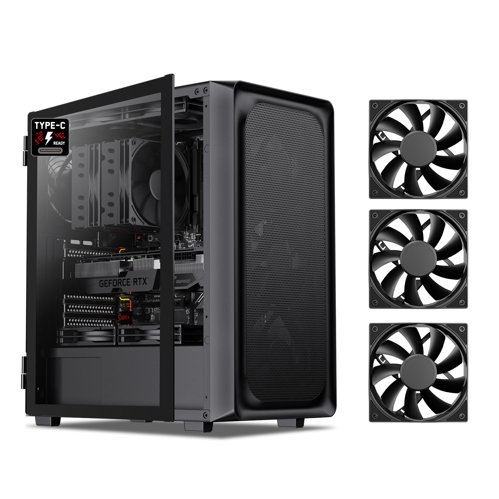 DARKROCK EC2 Black ATX Mid Tower PC Case with 4x120mm Black Fan, Type-C Ready, Tempered Glass Side Panel, up to 8 x 120mm Cooling Fans & 1 x 360mm Radiator