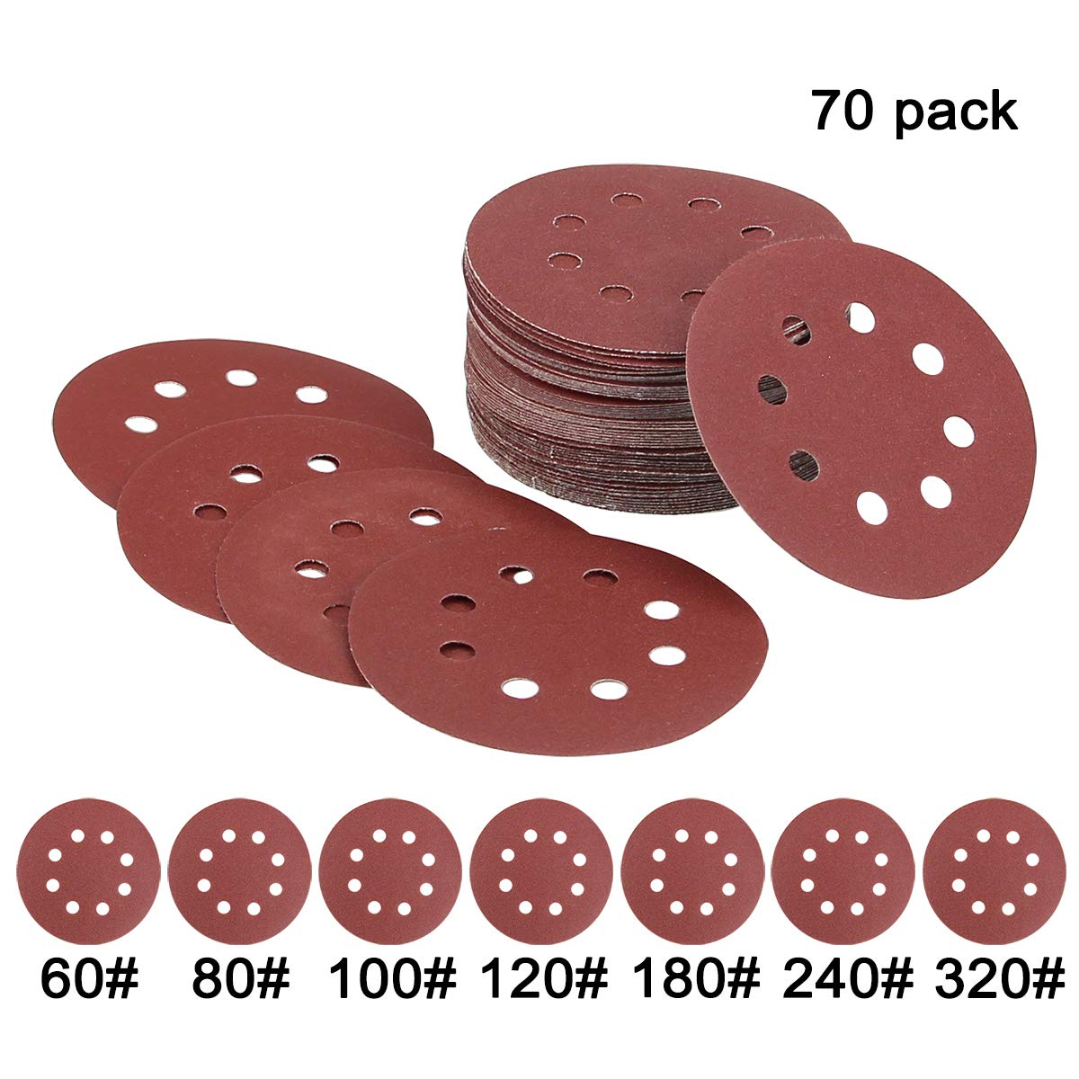 Naisidier 70Pcs 8 Holes Sanding Discs 5inch Hook and Loop Sandpaper Sanding Sheets Assorted 60/80/100/120/180/240/320 Grit for Random Orbital Sander