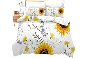 Feelyou Sunflower Duvet Cover Set Full Size for Teens Floral Branches Bedding Set Garden Theme Comforter Cover with 2 Pillowcases Soft Microfiber Zipper Unique 3 Pcs Bright Yellow, (No Comforter)