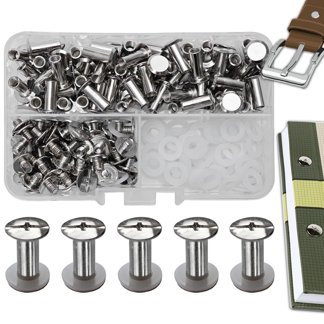 SHSMPXOY 70 Set Chicago Screws Posts for Leather Rivets M5*12mm Chicago Book Binding Screws Rivets Cross Head Chicago Button Screws for DIY Book Scrapbook Bookbinding, Bags,Collars(Silver)