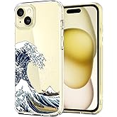 Unov Case Compatible with iPhone 15 Case Clear with Design Embossed Pattern Soft TPU Bumper Slim Protective 6.1 Inch (Great Wave)