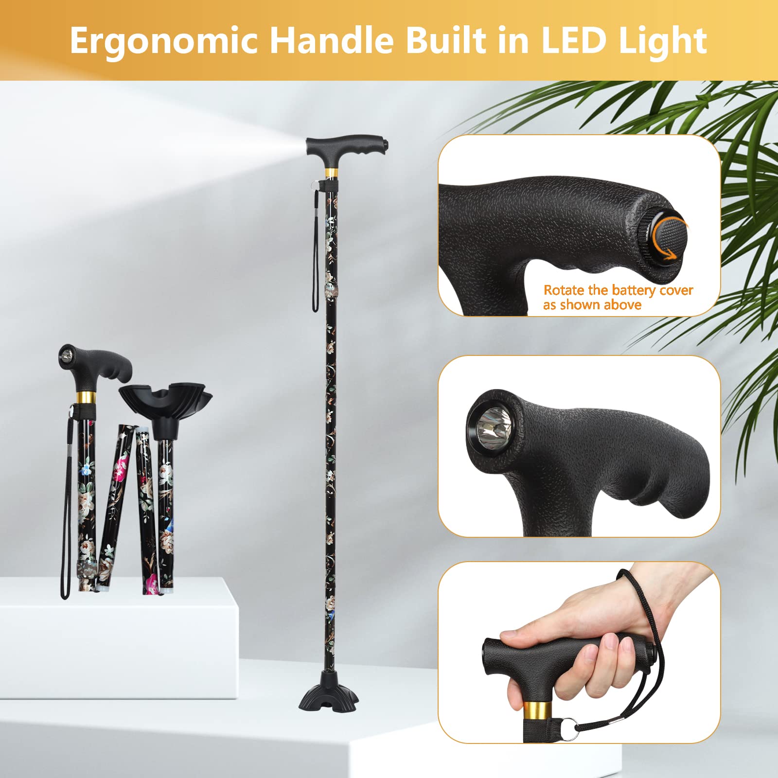 JUNRA Walking Cane with LED Light - Folding, Portable, Collapsible Aluminium Cane for Women and Men - Lightweight and Adjustable Walking Stick for Seniors Balance