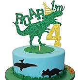 Dinosaur Roar I'm 4 Dinosaur Cake Topper,Green Glitter Fierce T-Rex Birthday Decor Jurassic Theme Cake Decoration for Boys Girls 4th Birthday Party