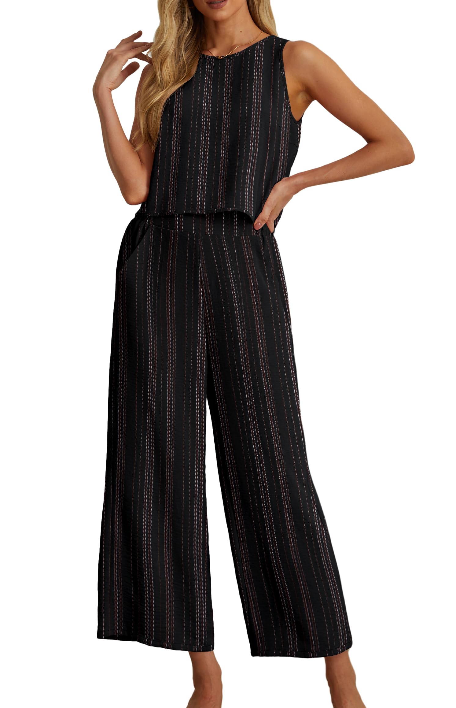 Photo 1 of **PARTIAL SET/BOTTOMS ONLY MISSING TOP** IWOLLENCE Women's Summer 2 Piece Outfits Set Round neck Sleeveless Tank Crop Top Wide Leg pants Set Pockets Jumpsuits BM Black Parallel Small