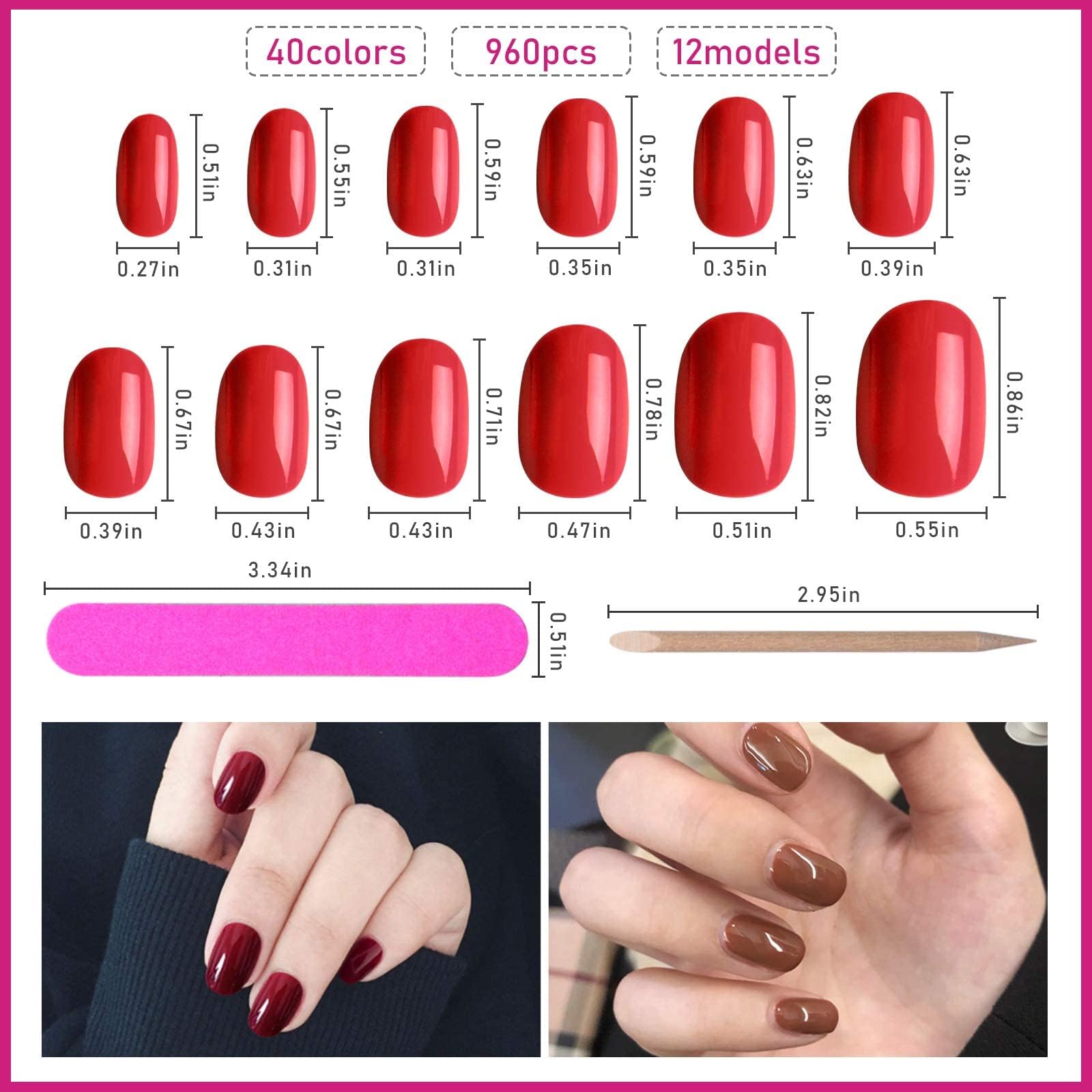 EBANKU 960pcs Short Colorful False Nails for Women Oval Press on Nails Glossy Acrylic Full Cover Artificial Fake Nail Tips with Nail File Nail Stick - Image 2