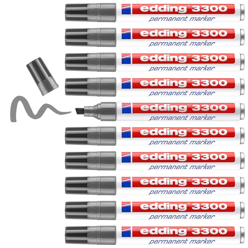 edding 3300 permanent marker - grey - box of 10 - chisel tip 1-5 mm - quick-drying permanent markers - waterproof, smudge-proof - for cardboard, plastic, wood, metal, fabric - marker pens