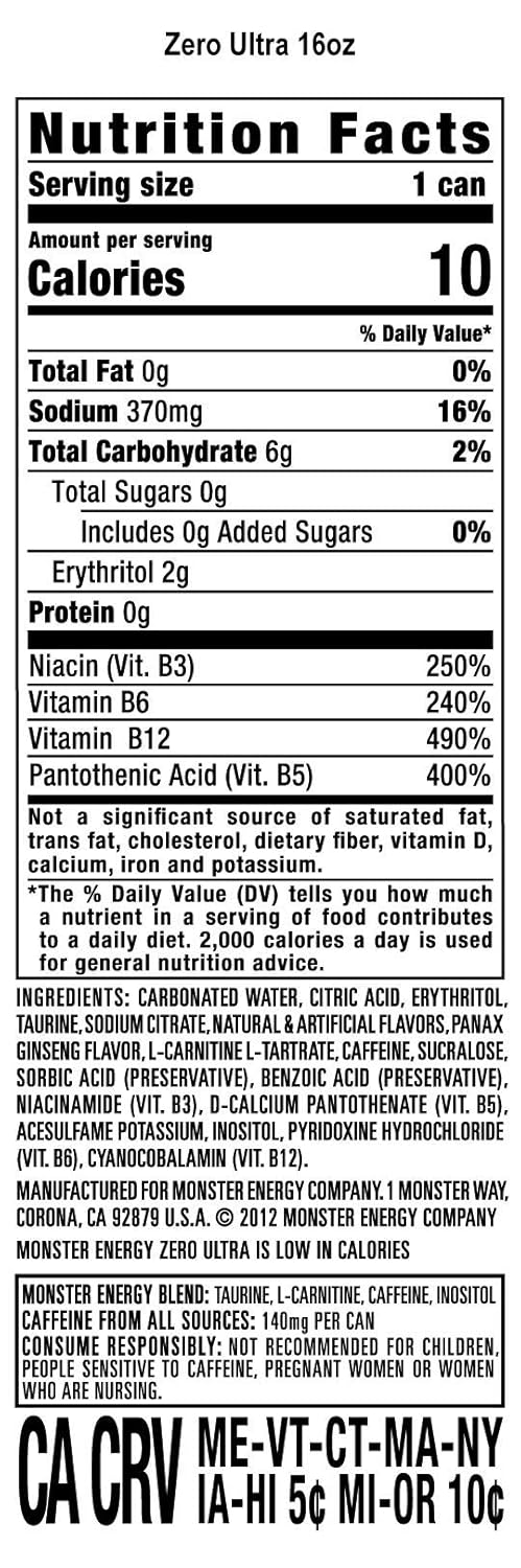 Monster Energy Zero Ultra, Sugar Free Energy Drink, 16 Ounce (Pack of 24): Grocery & Gourmet Food