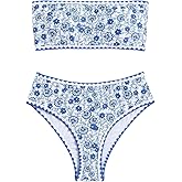 WDIRARA Women's Floral Print Strapless Lace Up Bikini Swimsuit 2 Piece Bathing Suit