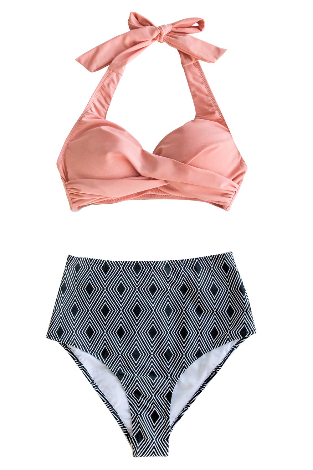 CUPSHE Women's Pink Geometric Print High Waisted Twisted Halter Bikini