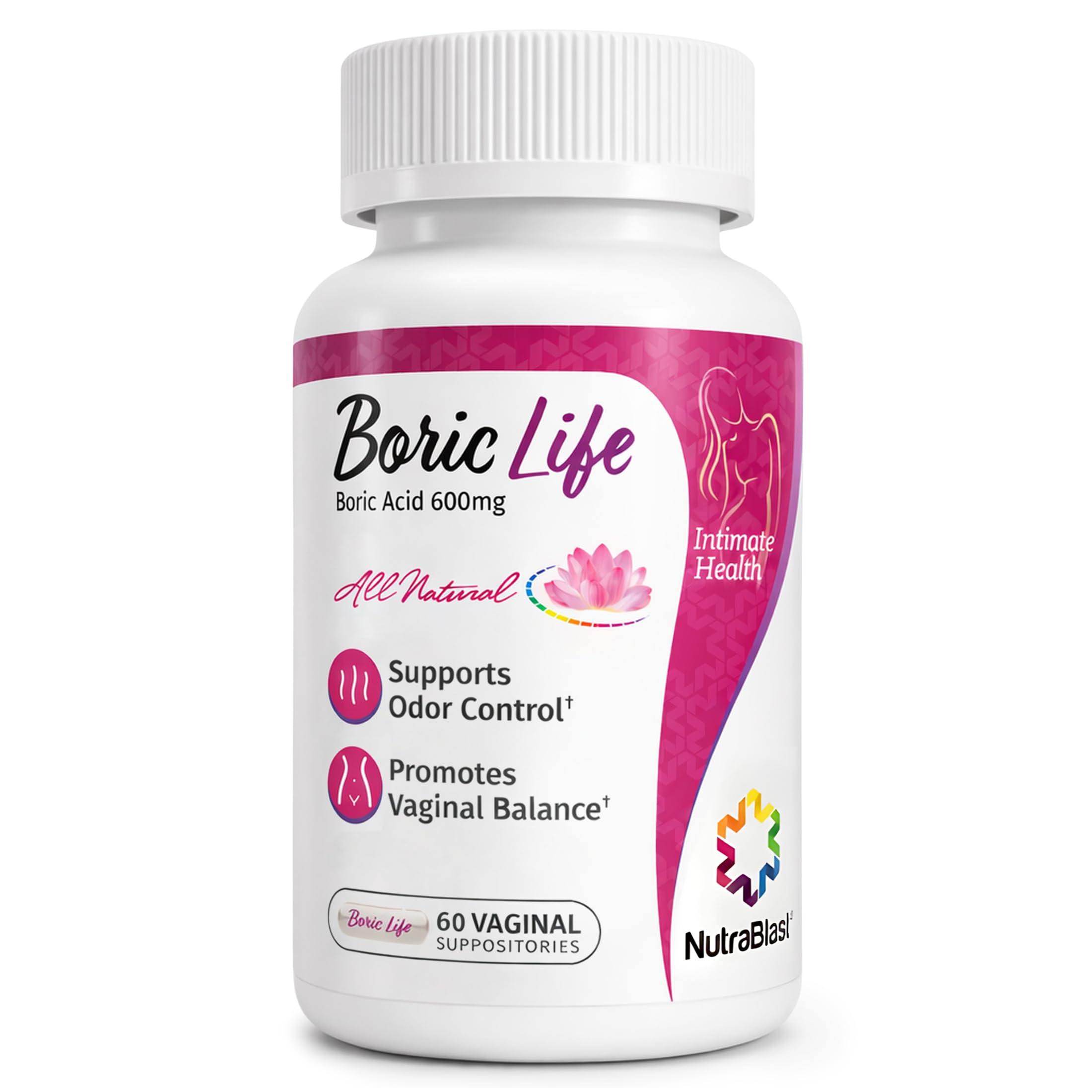 NutraBlast Boric Life Boric Acid Suppositories for Women 600mg, 60 Count