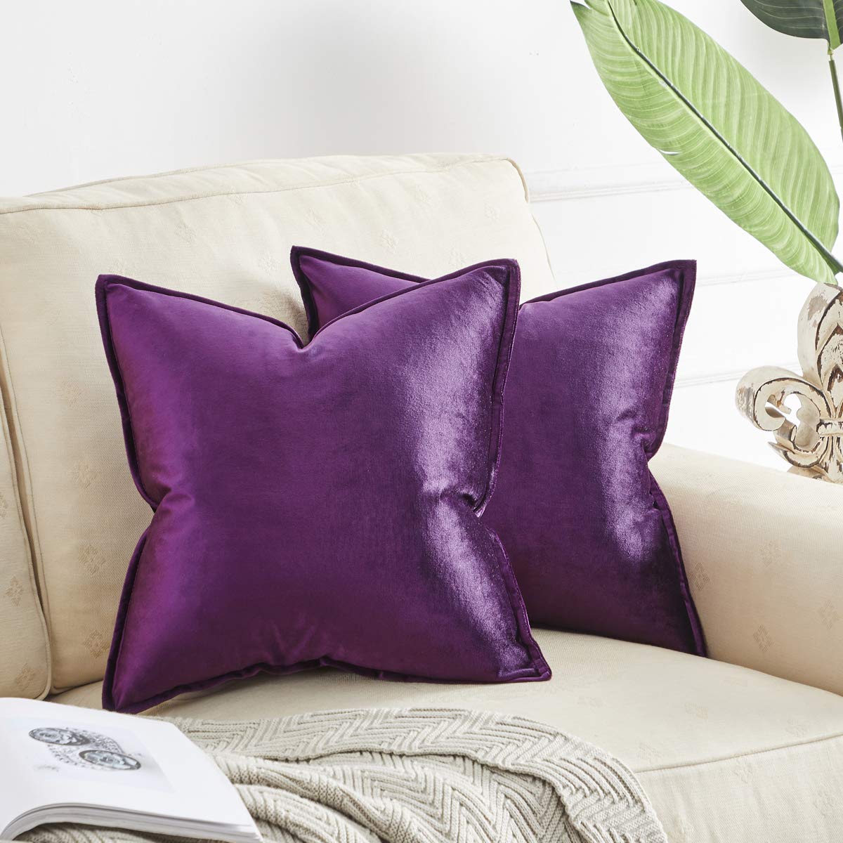 OMMATO Velvet Cushion Covers 16x16 inch Square Purple Decorative Throw Pillow Covers for Couch Sofa Living Room 40cm x 40cm 2 Pack