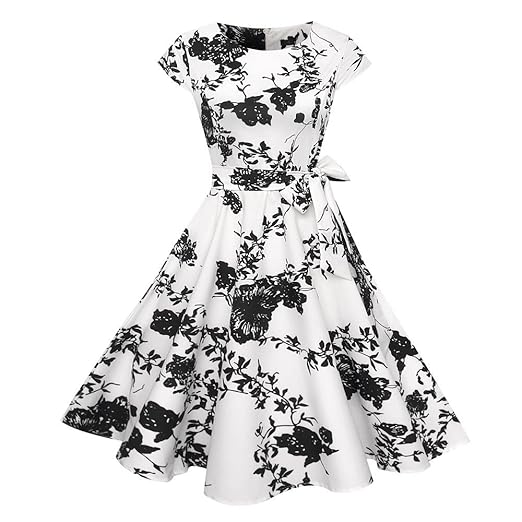 JMETRIC Sommerkleid Damen 50er Vintage Hepburn Wind Taille Faltenrock Blumendruck Lace Up Dress Festlich Wickelkleid