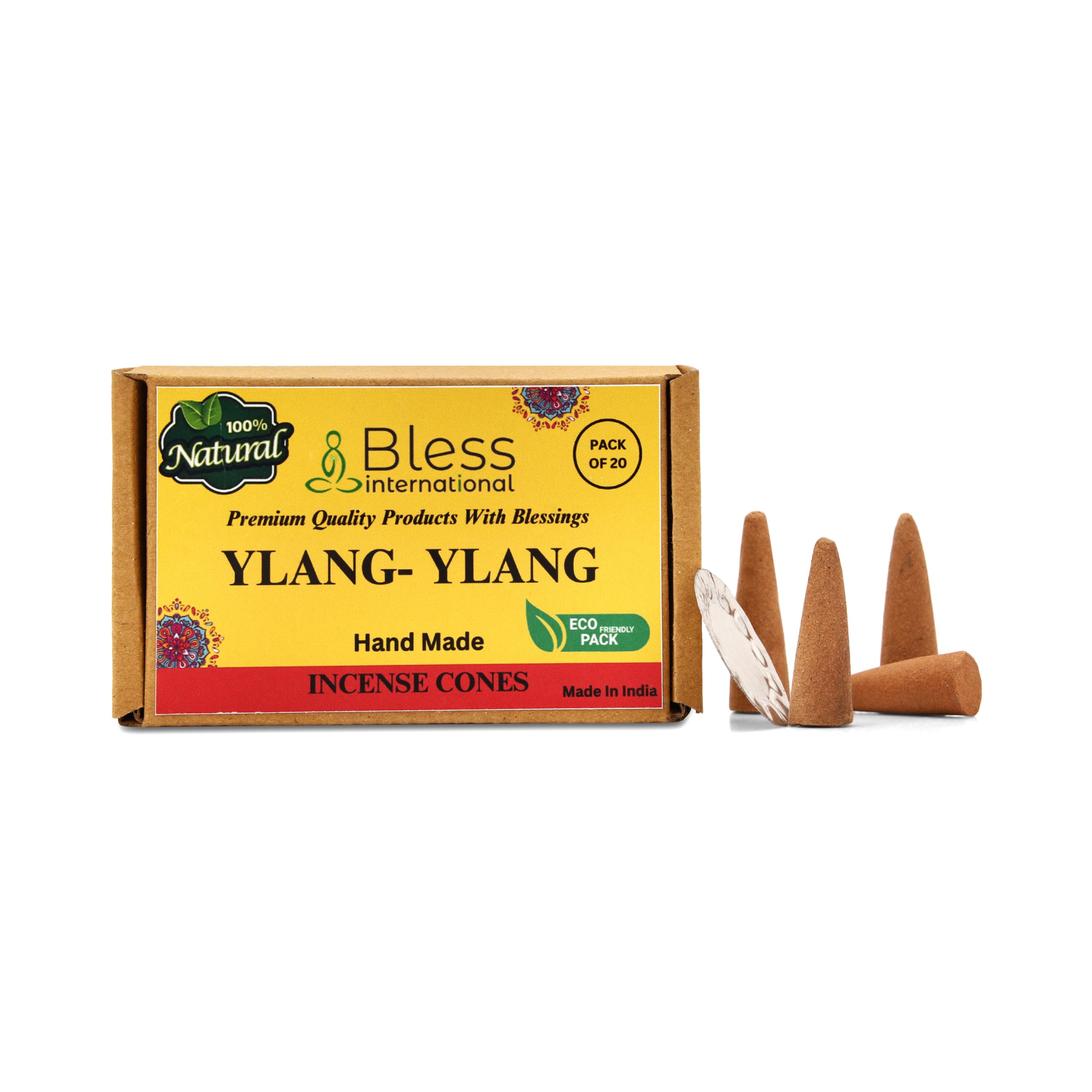 Bless International YLANG-YLANG 100%-Natural-Incense-Cones Handmade-Hand-Dipped Organic-Chemicals-Free for-Purification-Relaxation-Positivity-Yoga-Meditation The-Best-scents (20 Count)