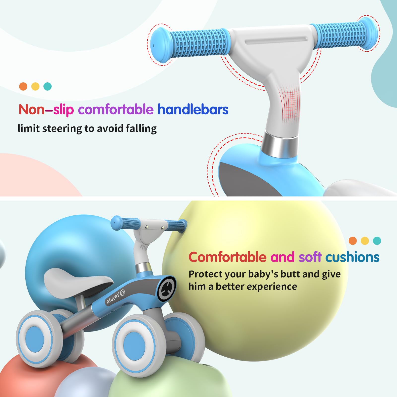 Yoyuto Baby Balance Bike for 1 Year Old Boys Girls 12-36 Month Toddler, 4 Silence Wheels Soft Seat Pre-School First Riding Toys Toddler First Birthday Gifts (Blue)