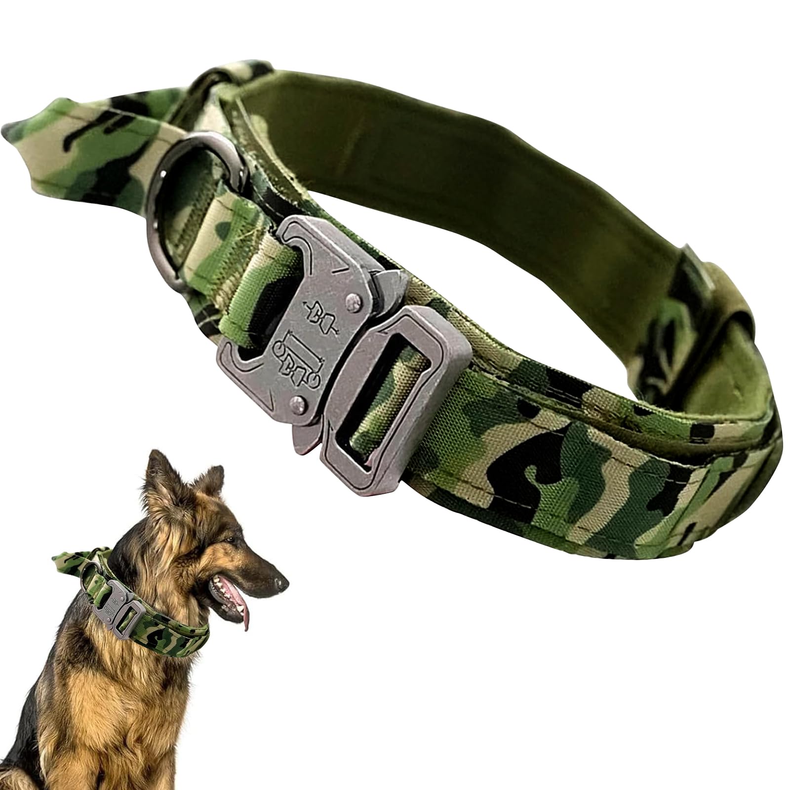 Ledeak Tactical Dog Collar, Padded Breathable Soft Nylon Pet Collar with Heavy-Duty Metal Buckle, Adjustable Basic Military Dog Collar with Handle for Medium Large Dogs (Camouflage Green, M)