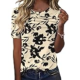 Ivicoer Womens Summer Tops Short Puff Sleeve Dressy Casual Blouses Crew Neck Pleated Tunic Loose Fit Spring T Shirts
