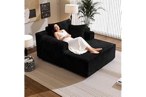 KELYDA Oversized Chaise Lounge Chair Indoor, Upholstered Single 61'' Round Arm Boneless Cloud Sofa Bed Sleeper Couch, No Assembly Faux Rabbit Fur Memory Foam Reading Chair for Living Room Bedroom Black