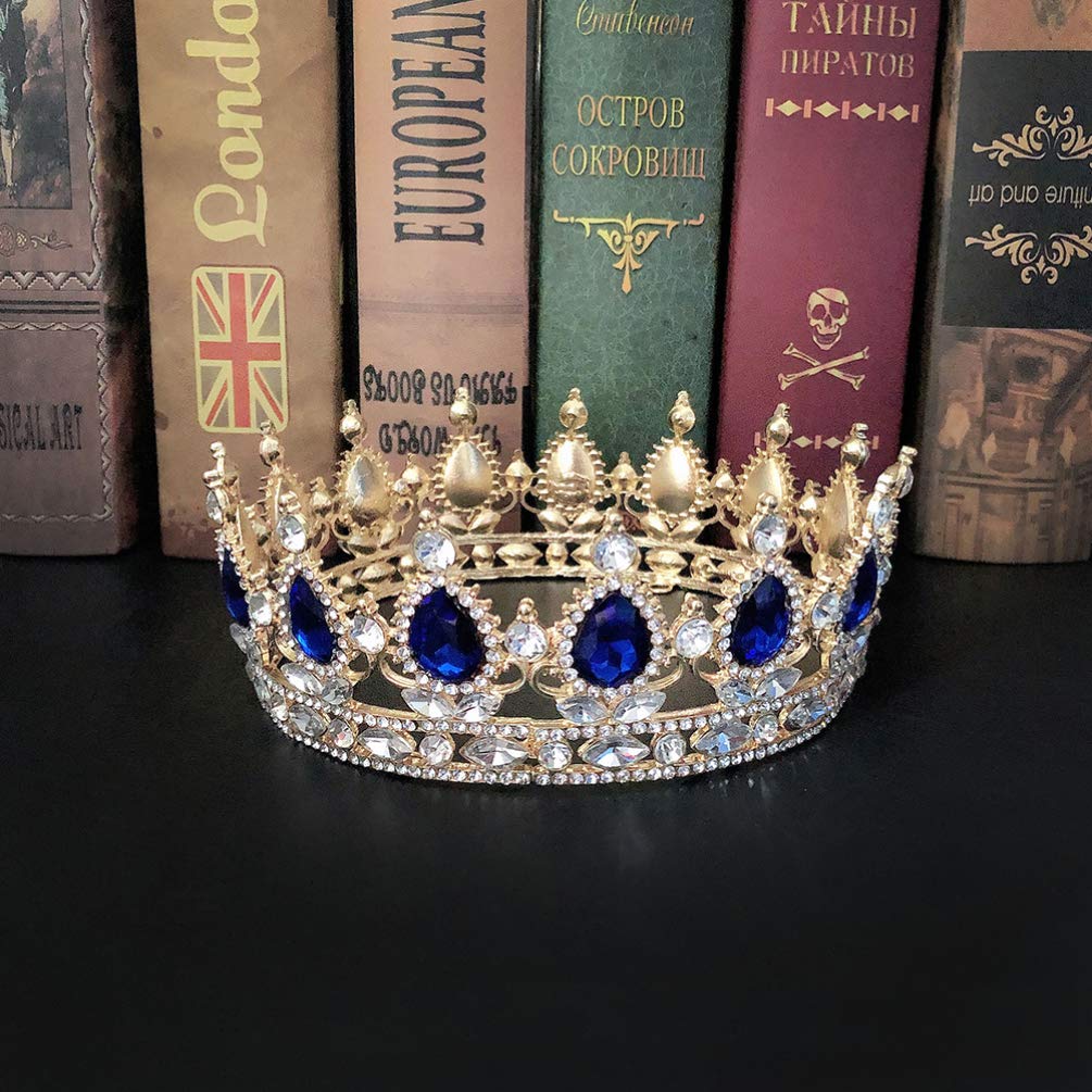 OSALADI Rhinestones Crystal Crown Wedding Tiara Headband for Women Girls, Bride Wedding Prom Birthday Pageant Party Princess Headband(Golden and Blue)