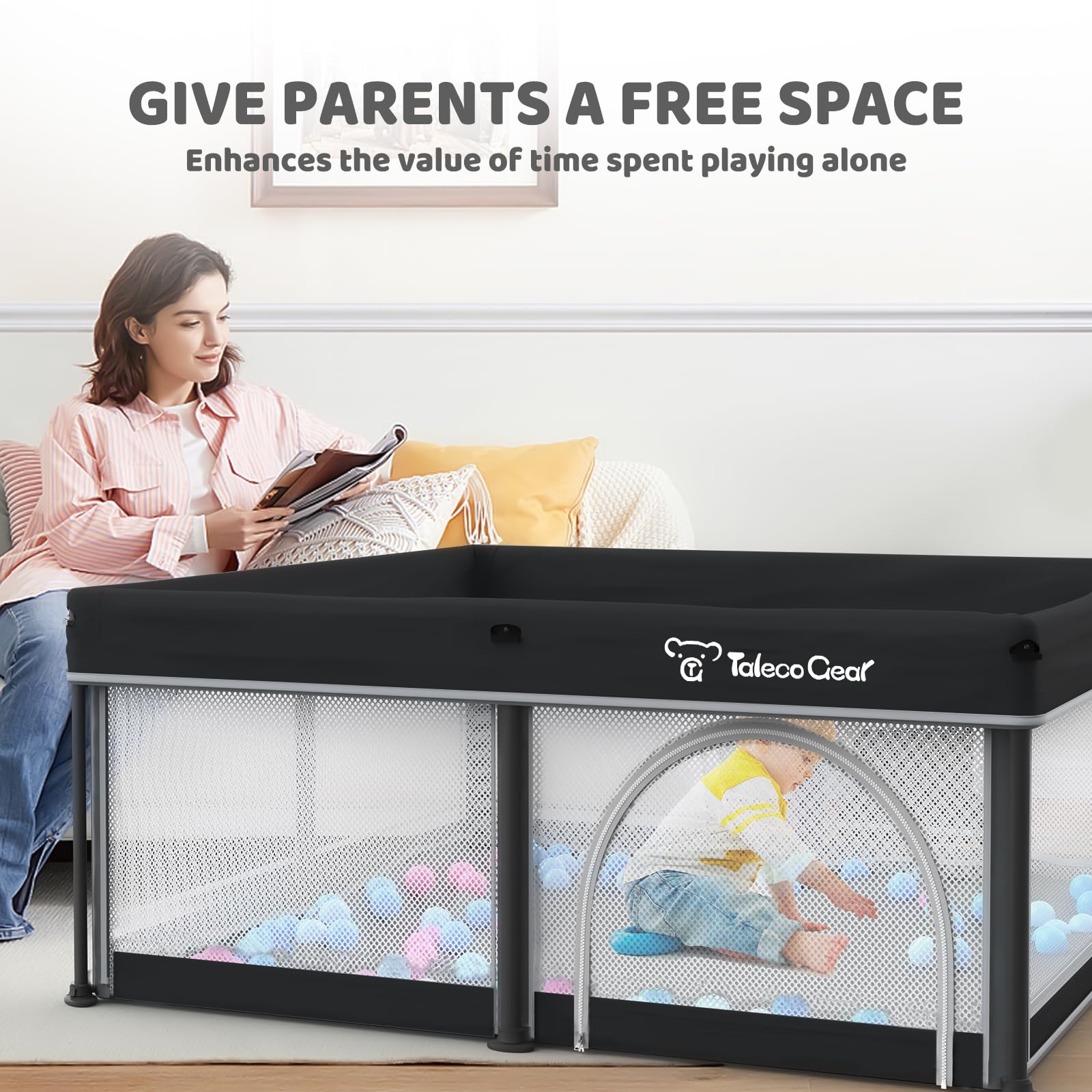 Taleco Gear Foldable Baby Play Pen with Mat, 50''x50'' Playpen for Babies and Toddlers, Playpen for Baby with Gate, Breathable,Foldable Travel Play Pen with 50 Ocean Balls