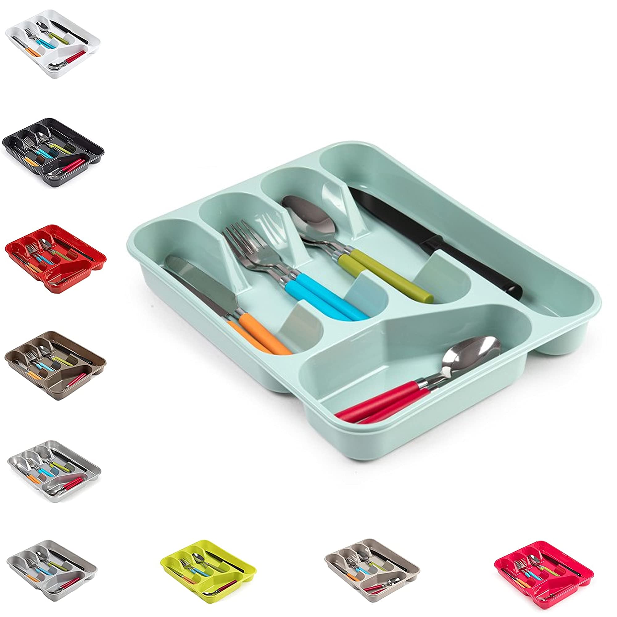 PLASTIFIC Large CUTLERY TRAY Flatware Organiser Strong Plastic Drawer Sliding Tidy Rack Holder Drawer Insert Tidy Storage, 33.5 x 26.5 x 4.5 cm - Solid Base, Mint Green