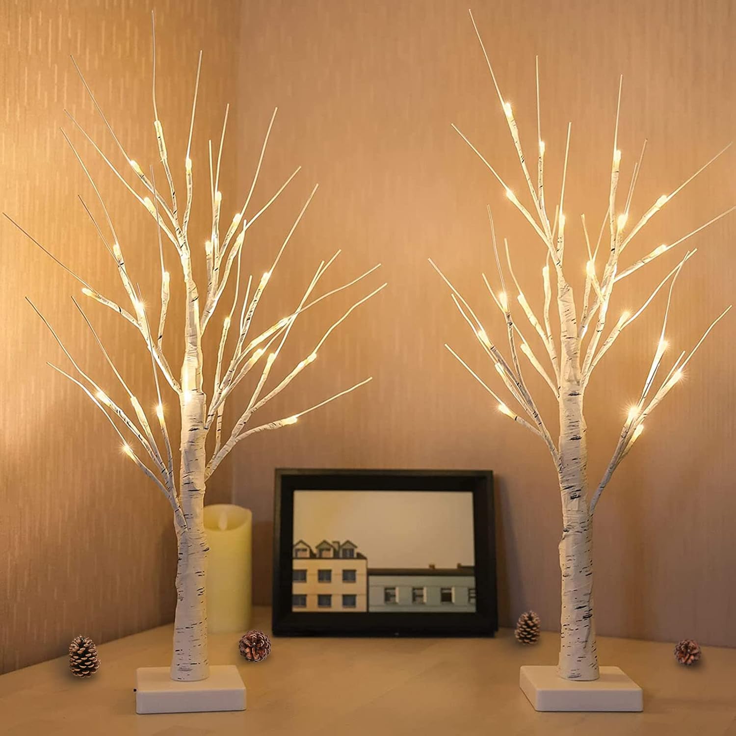 Trees - 2-Pack 2FT Lighted Birch Tree for Christmas Decorations Indoor, Timer Function Birch Christmas Tree with 48 LED Warm White Lights, Battery Tree Light for Bedroom Home Wedding Holiday Thanksgiving Gift
