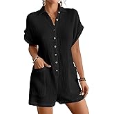 Bsubseach Womens Rompers For Summer 2026 Shorts Jumpsuit Short Sleeve Button Down Romper With Pockets Beach Vacation Outfits